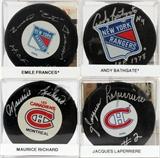 Lot#205, NHL HALL OF FAME AUTOGRAPHED HOCKEY PUCKS, EMILE FRANCES, BATHGATE, LAPERRIERE, RICHARD, 4 PCS.
