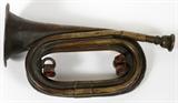 Lot#225, J.W. YORK & SONS, BRASS CAVALRY BUGLE, C1887, L 10"brass U.S. Cavalry bugle, c1887, stamped: "Y.W. York & Sons, Grand Rapids, Michigan; having lanyard rings with remnants of leather neck strap.