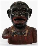 Lot#233, JOLLY-BLACK MECANICAL BANK 'HAND DEPOSIT' COIN INTO MOUTH & EYES MOVE, ORIGINAL PAINT, GOOD CONDITIO,Jolly Blackman.  Width 5".    -