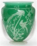 Lot#1034, CARDER STEUBEN GREEN JADE & ALABASTER GLASS 'BIRD' VASE, H 8 7/8", DIA 7 1/2"Round green jade glass vase with flared rim, acid cut-back decoration of birds on branches, raised on an alabaster foot.  Signed "F. Carder, Steuben" (see additional photo).  Early 20th century.  Reference: "The Glass of Frederick Carder", Paul V. Gardner, copyright 1971, Crown Publishers, New York, catalog number 938 (p.312).