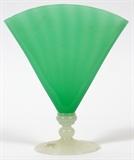 Lot#1044, STEUBEN GREEN JADE & ALABASTER GLASS FAN VASE, H 8 1/2", L 7''Jade glass fan-form vase with subtle vertical ribbing and alabaster base, acid stamped signature.