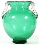 Lot#1047, STEUBEN POMONA GREEN GLASS VASE, H 11 3/4", DIA 9"Urn form, transparent green glass with clear applied handles at shoulder, polished pontil, unmarked.