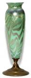 Lot#1083, DURAND 'KING TUT' IRIDESCENT GLASS VASE, EARLY 20TH C., H 8 1/2",  MOUNTED AS A LAMP, H 10 1/2" OVER,Green glass vase with pulled silver decoration, mounted on a metal base.