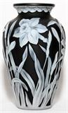 Lot#1098, THOMAS WEBB, BLACK CAMEO GLASS VASE, C. 1900, H 5 1/8", DIA 3"White daffodil motif over black.  Not signed.