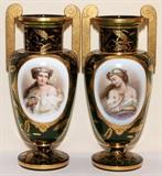 Lot#1103, BOHEMIAN GLASS PORTRAIT URNS, C. 1880, PAIR, H 16 1/2"Each emerald green glass urn is decorated at one side with a half-length portrait of a young woman crowned with flowers, flanked by elongated handles, with a gilt fern motif overall, and measures H.16 1/2", W.7 1/2" to the handles.