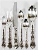 Lot#1184, GORHAM STRASBOURG' STERLING DINNER SET, 74 PIECES (SERVICE FOR TWELVE)Including twelve each place forks at 7", salad forks, dinner knives at 9", teaspoons, ice tea spoons and fourteen serving spoons.  Monogrammed D. T.W. 90 TR.OZ.