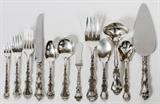 Lot#1185, GORHAM 'STRASBOURG' STERLING LUNCHEON SET, 90 PIECES (SERVICE FOR TWELVE)The service for twelve includes twelve each knives, butter knives, luncheon forks, salad forks, soup spoons, teaspoons, seafood forks; two meat forks and one each  jelly spoon, sugar spoon, pastry server and ladle.  Monogrammed D. T.W. 119.5 TR.OZ.