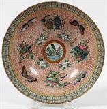 Lot#1223, CHINESE PORCELAIN BOWL, C. 1840, DIA 6 1/2", EXOTIC BIRDS & BUTTERFLIES, CALLIGRAPHY PANELS: H 2 1/4". Hand painted. Famille verte. Good antique condition. No chips or cracks jw