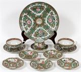 Lot#1227, CHINESE ROSE MEDALLION PORCELAIN PLATE, CUPS & SAUCERS, C. 1900, TWELVE PIECES, DIA 10": Circa 1900. Plate is 10" in dia. Two tea cups and saucers, one demi tasse cup with saucer, five saucers. All in good condition jw