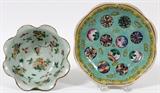 Lot#1232, CHINESE ENAMELED PORCELAIN BOWLS, 19TH C., TWO, DIA 6" & 8": Including 1 with a scalloped rim, decorated with floral boughs, H.2 3/4", Dia.6 3/4", and 1 having a turquoise ground with yellow border and medallion motifs at the well, H.2", Dia.8 1/4".  Two items total. The first has a chip to the rim and extending 1/2" crack, also a 2 1/2" spider crack at the base (evident in the additional photo); the second with a small and minor nick to the rim.  Both show some wear to the decoration.  Chs