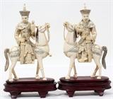 Lot#1240, CHINESE CARVED IVORY RIDERS ON HORSEBACK, PAIR, H 7", L 4 1/2": Depicting a female holding an urn and a male holding a necklace.  Each on wood a base.  If this lot contains IVORY, bidders must have a primary residence within the United States. Ivory cannot be shipped outside the United States. Good condition.  JMF
