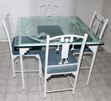 Lot#1322, DOUG WEIGEL (1960-), 'PETROGLYPH' ENAMELED STEEL DINING TABLE & SET OF (4) CHAIRS,: Enameled steel dining table base with glass top.  Five items total.  Doug Weigel, Scottsdale artist, born 1960. Good condition jw