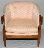 Lot#1324, BAKER FURNITURE CO. BARREL BACK UPHOLSTERED CHAIR H 28" L 28" D 27": Having salmon colored upholstery. Water stains to the cushion noted and minor scuffs to the legs.  JMF