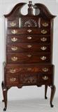 Lot#1328,DREXEL MAHOGANY HIGHBOY, H 84", W 40", D 20": Two-piece with a pediment top, cabriole legs shell form designs and brass hardware. Good condition.  JMF