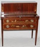Lot#1329, HEPPLEWHITE STYLE, HAND DECORATED MAHOGANY, TAMBOUR DESK, H 42", L 36", D 19": Featuring six drawers and six pigeon compartments, a fold-out writing surface all above two full length drawers.  The hand decorated drawers feature an Oriental scene with floral designs on the sides and string inlay on the desk and top. Good condition.  JMF