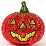 Lot#1374, KATHRINE BAUMANN JACK O' LANTERN MINAUDIERE, W 4 1/4"Full bead green, orange, black, and yellow crystal jack o' lantern with crystal push button opening to gold leather lining. Stamped: Kathrine Baumann Collectibles, Beverly Hills, AP edition #1/3. Measures W. 4 1/4" x 4" (24" to the chain shoulder strap).