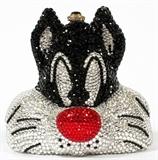 Lot#1376, KATHRINE BAUMANN SYLVESTER THE CAT MINAUDIERE, W 5"Full bead silver, black, and red crystal Sylvester the cat, black cabochon push button opens to gold leather lining. Stamped: Kathrine Baumann Collectibles, Beverly Hills, edition #127/2500. Measures W. 5" x 4 1/2" (25 1/4" to the chain shoulder strap).
