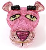 Lot#1379, KATHRINE BAUMANN PINK PANTHER MINAUDIERE, W 6"Full bead pink crystal Pink Panther, with black crystal eyebrows and yellow eyes, black cabochon push button opens to gold leather lining. Stamped: Kathrine Baumann Collectibles, Beverly Hills, edition #34/250. Measures W. 6" x 3 1/2" (21 1/2" to the chain shoulder strap).