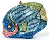Lot#1380, KATHRINE BAUMANN MULTICOLOR FISH MINAUDIERE, W 7"Full bead multicolor crystal fish in shades of red, blue, green, and yellow, with clear cabochon eyes, push button opens to gold leather lining. Stamped: Kathrine Baumann Collectibles, Beverly Hills, edition #317/500. Measures W. 7" x 5 1/2" (23 1/2" to the chain shoulder strap).