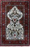 Lot#1386, ISFAHAN IRAN PRAYER RUG, 4' 4" X 2' 9"Ivory field, red border. Hand woven, all wool.