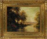 Lot#2003, LOUIS ASTON KNIGHT (AMERICAN 1873-1948), OIL ON WOOD PANEL, H 10", W 13 1/2", RIVER SCENE WITH FLOWE,Signed lower left; gilt frame.