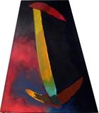 Lot#2019, TREVOR BELL (BRITISH B. 1930), OIL ON CANVAS, 1990, H 69", L 60" TAPERING TO 30", "METRONE"Lydon Fine Arts Chicago, IL label on verso.  Unframed.  Signed, dated and titled on verso.