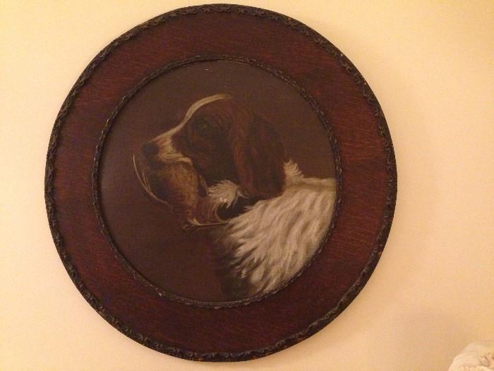 Beautiful depiction of a hunting dog hand painted on wood.