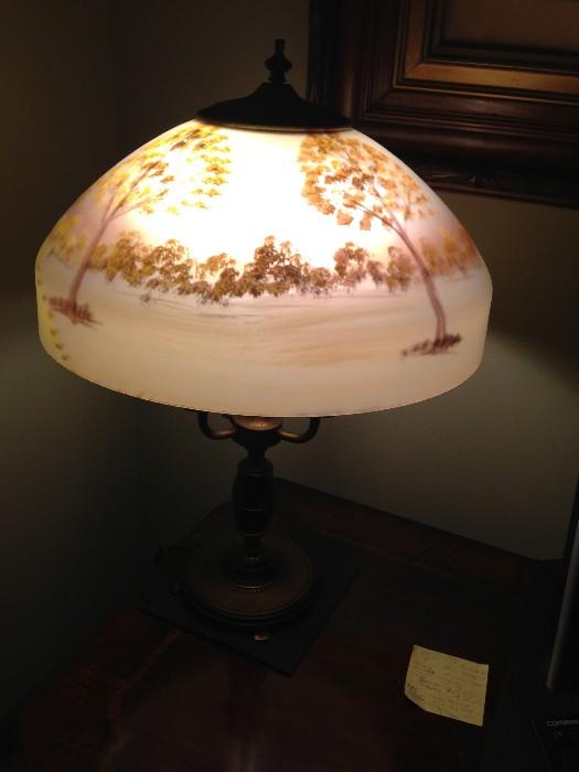 Art Nouveau Reverse Painted On Glass Table Lamp and Base