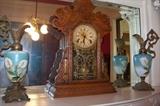 Oak kitchen clock as well as a pair of Victorian era vases