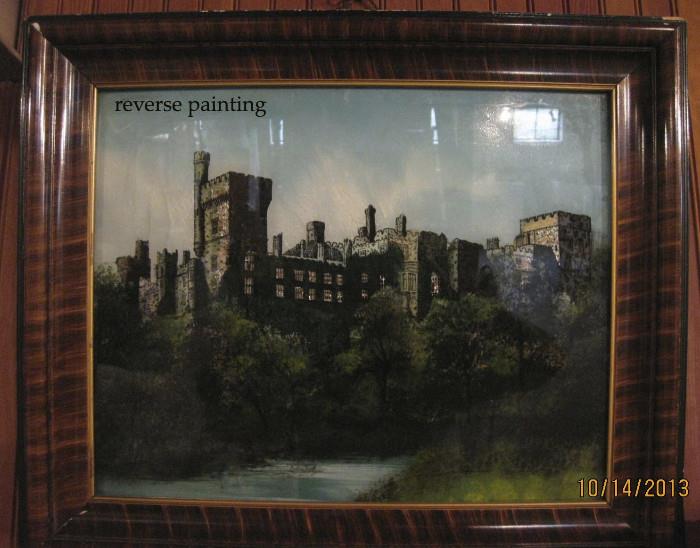 This reverse painting is aproximately 2' X 2'.  Is in very good condition with Tigerwood Frame.