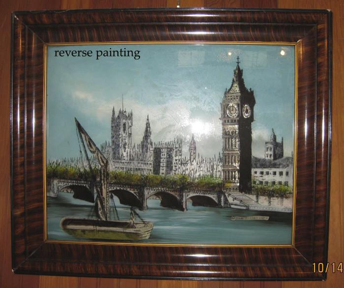 This reverse painting is aproximately 2' X 2'.  Is in very good condition with Tigerwood Frame.