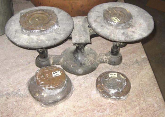 Vintage scale and weights used in making chocolate.