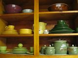 Vintage Fiesta dishes in Yellow, Chartreuse & Forest Green, Hull Green Drip Bean Pot Set, Hull Brown drip bowl, McCoy pitcher