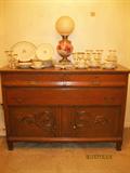 Antique Oak buffet, Franciscan "Huntington Rose" china, Antique Oil Lamp (electrified).