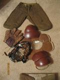 1920's J. C. Higgins child's football pants, shoulder pads, catcher's mask, glove
