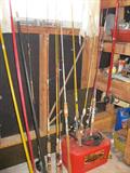 Fishing poles, vintage Lures (inside house @ table with cases & jewelry)