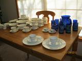 Noritake "Blakesley" china, Cobalt blue hand blown, hand-painted glass pitcher & glasses set