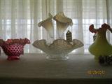 Fenton Diamon Lace Epergne, Fenton Cranberry hobnail, Fenton Peach ruffle vase