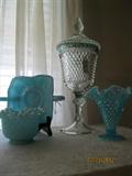 Fenton blue pieces, Diamond Point tall candy dish