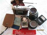 Various camera eqpt : Kodak Retina II camera w/ leather case, Olympus 38mm lens, Canon 50mm lens, Gossen Lunasix Electronic Exposure Meter, vintage Nuclear Products "Static Master Jr.", Vivitar metr