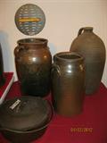 Double handle churn, E.C. Brown jug, etc