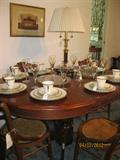 Dining table, chairs with Lenox "Moonspun" china set