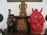 Reggie Meaders face jug w/ spout, Shelby West devil, Reggie Meaders owl, Marie Rogers Mountain Man.