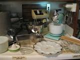 Vintage Sunbeam turqoise mixer, Hamilton Beach mixer, misc. kitchen stuff