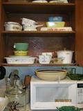 Fire King bake ware incl. Jadeite swirl mixing bowl, Watt spaghetti bowl,
Corning Ware