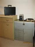 Retro metal office lockable cabinet w/ keys, Panasonic push button phone, Panasonic transistor radio
