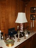 Misc. items incl. Baldwin brass candlesticks, Swiss Gobelin water clock