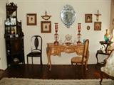 Ivory inlaid mirrored rosewood corner cabinet, French writing desk, Venetian mirror, cranberry lamp lusters