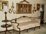 French sofa, red cut to clear lamps, two tier tables, framed bisque pictures, Italian gilt mirrors & sconces