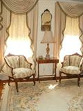 Gorgeous French chairs, Bohemian pink cut to clear handpainted lamp